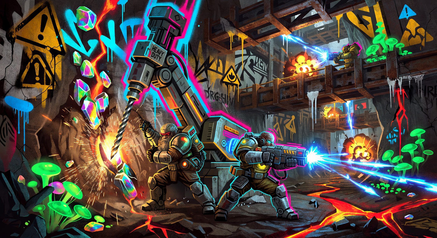 Futuristische Bergbau-Action mit gepanzertem Bohrfahrzeug in einer Alien-Höhle