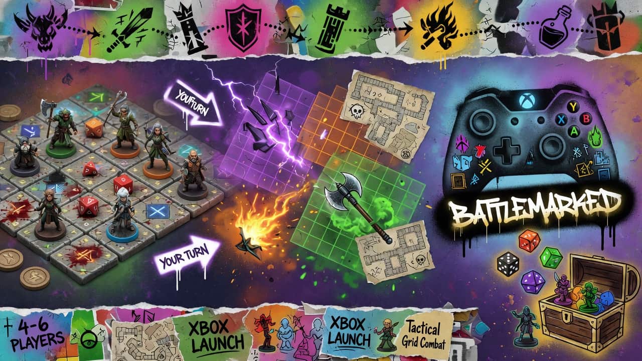 Bunte Street-Art-Gaming-Collage mit taktischem Fantasy-Spielbrett, Würfeln und magischen Figuren ohne Logos