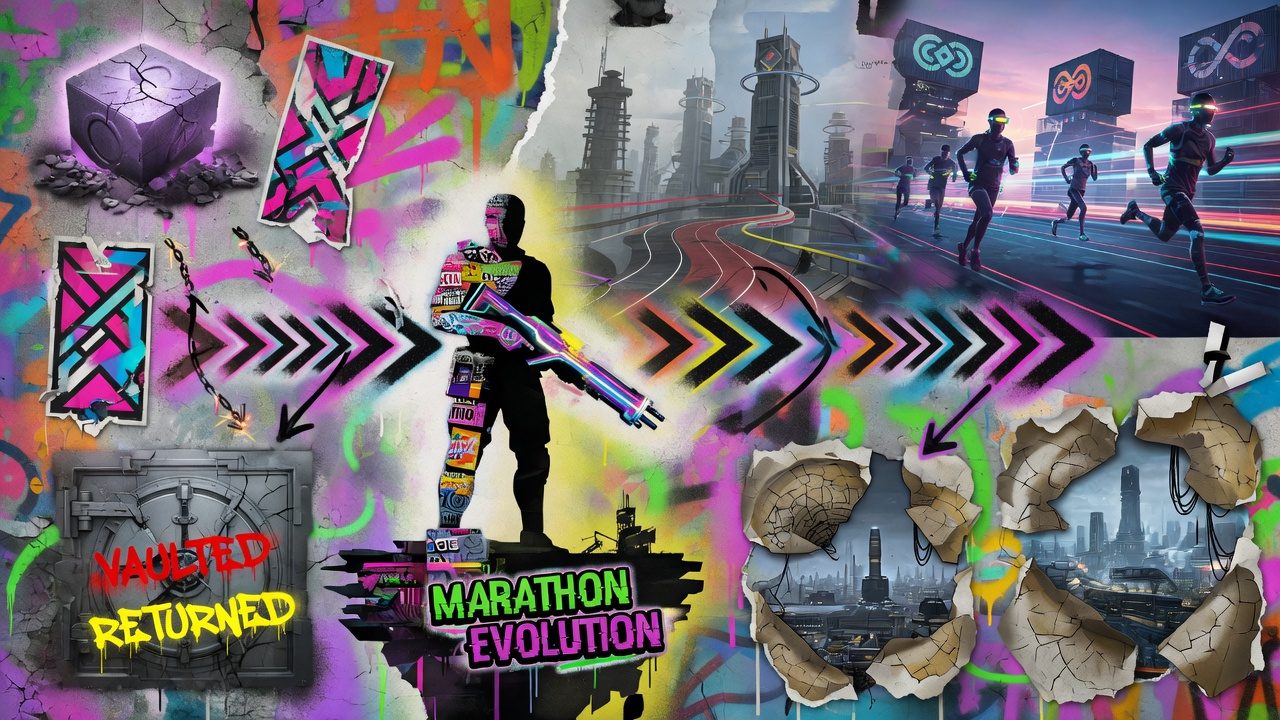 Bunte Street-Art-Collage über einen generischen Sci-Fi-Shooter mit geöffnetem Archivtor, Neon-Portalen und abstrakten Einsatzteams ohne Logos
