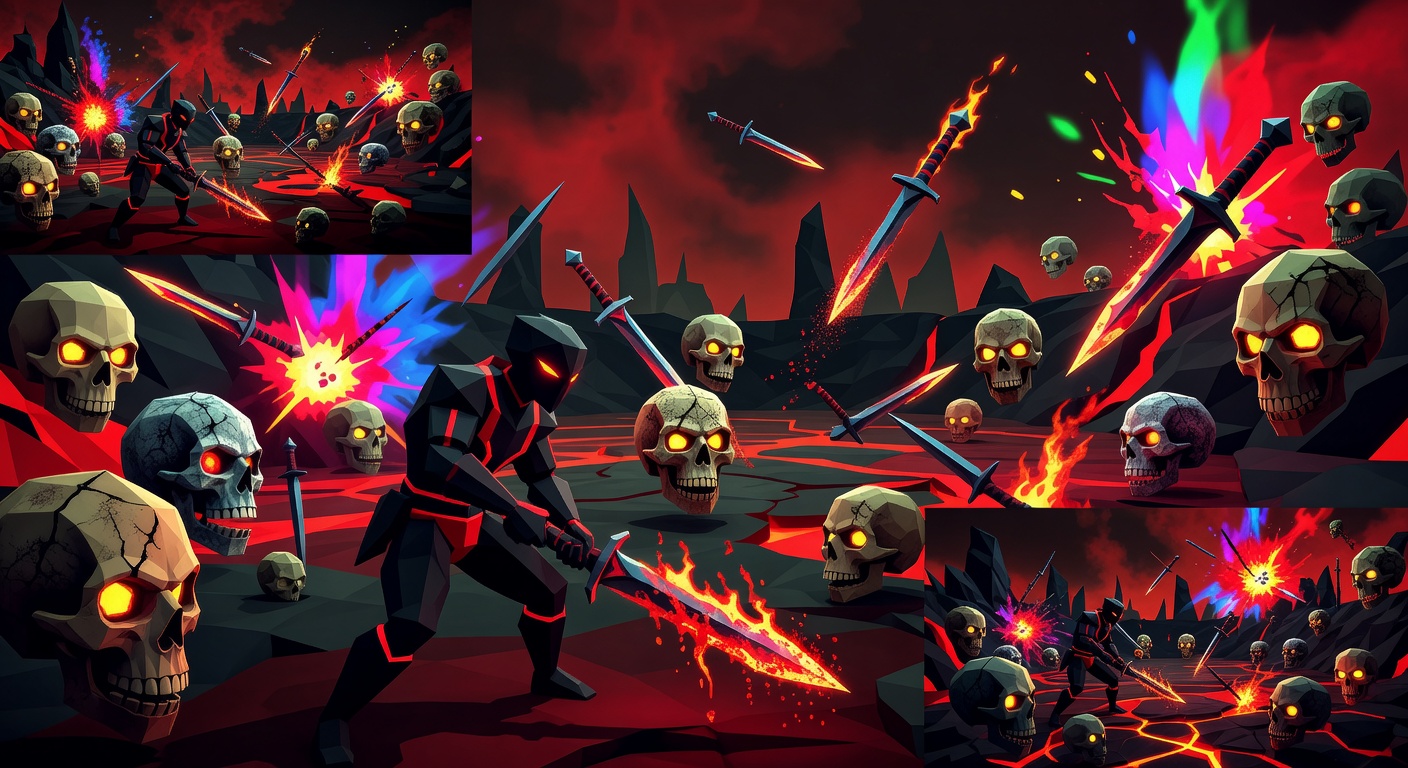 Low-Poly-Horror-Arena mit fliegenden Schädeln und Dolchen – Devil Daggers Stil