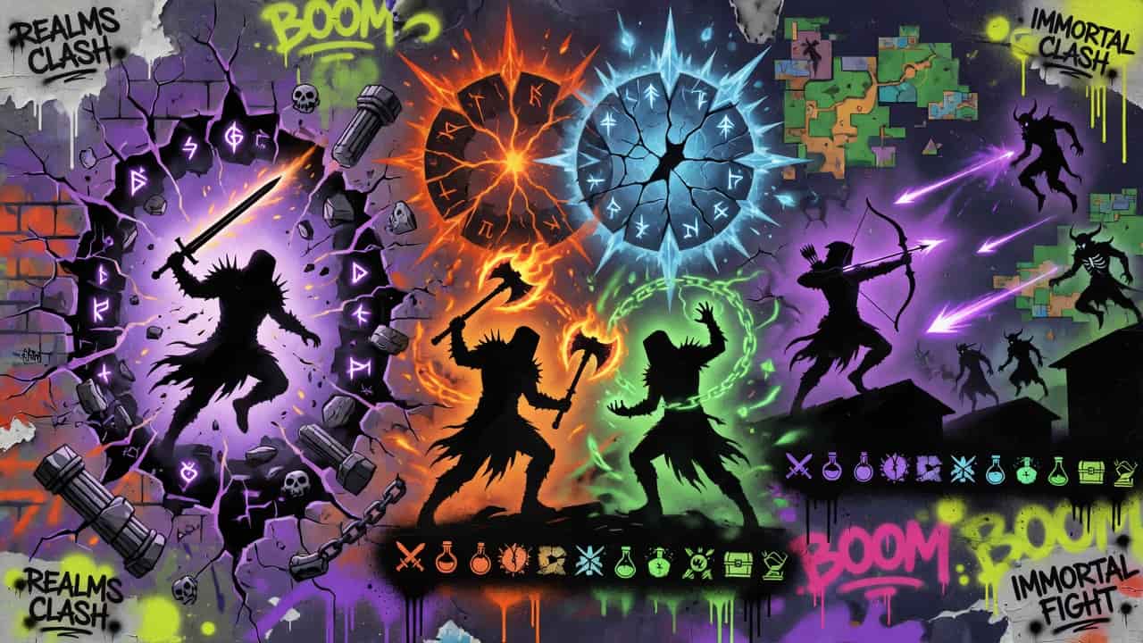 Düstere Fantasy-Kulisse mit magischer Arena, Wüstenlicht und kämpfenden Helden ohne Logos oder bekannte Figuren