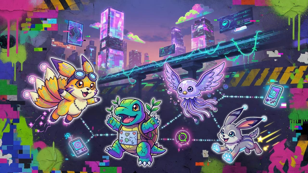 Anime-inspirierte Gaming-Collage mit futuristischer Stadt, digitalen Kreaturen und leuchtendem Datenraum ohne Logos oder Markenfiguren