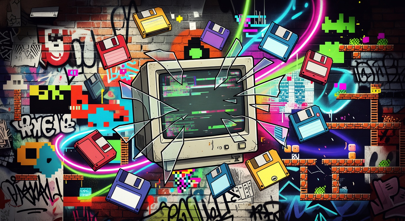 Abstrakte Gaming-Collage mit Retro-Spielhüllen, Store-Regalen und Warnsymbolen ohne Logos oder bekannte Figuren