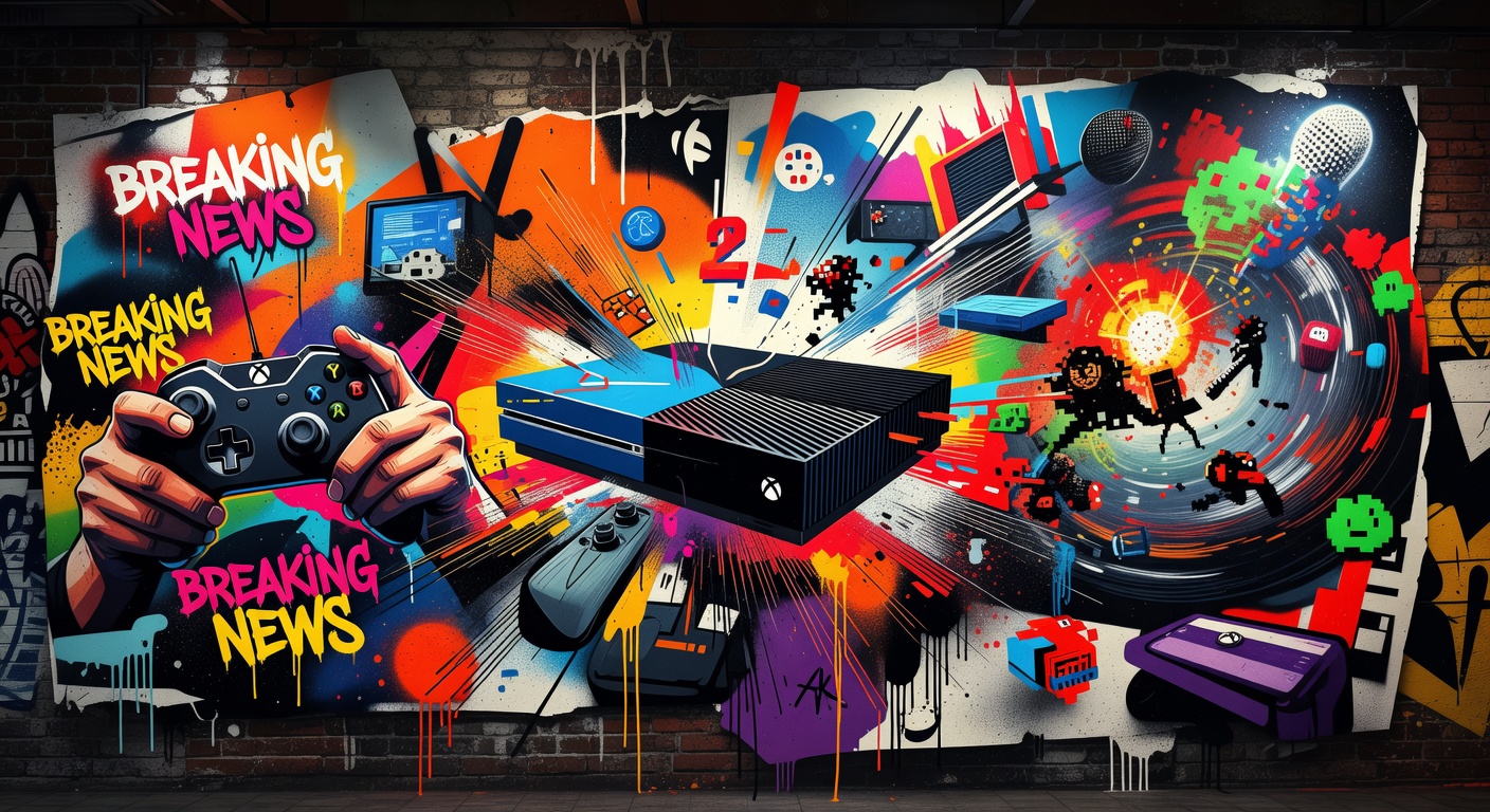 Generische Gaming-Collage in leuchtendem Street-Art-Stil ohne Logos