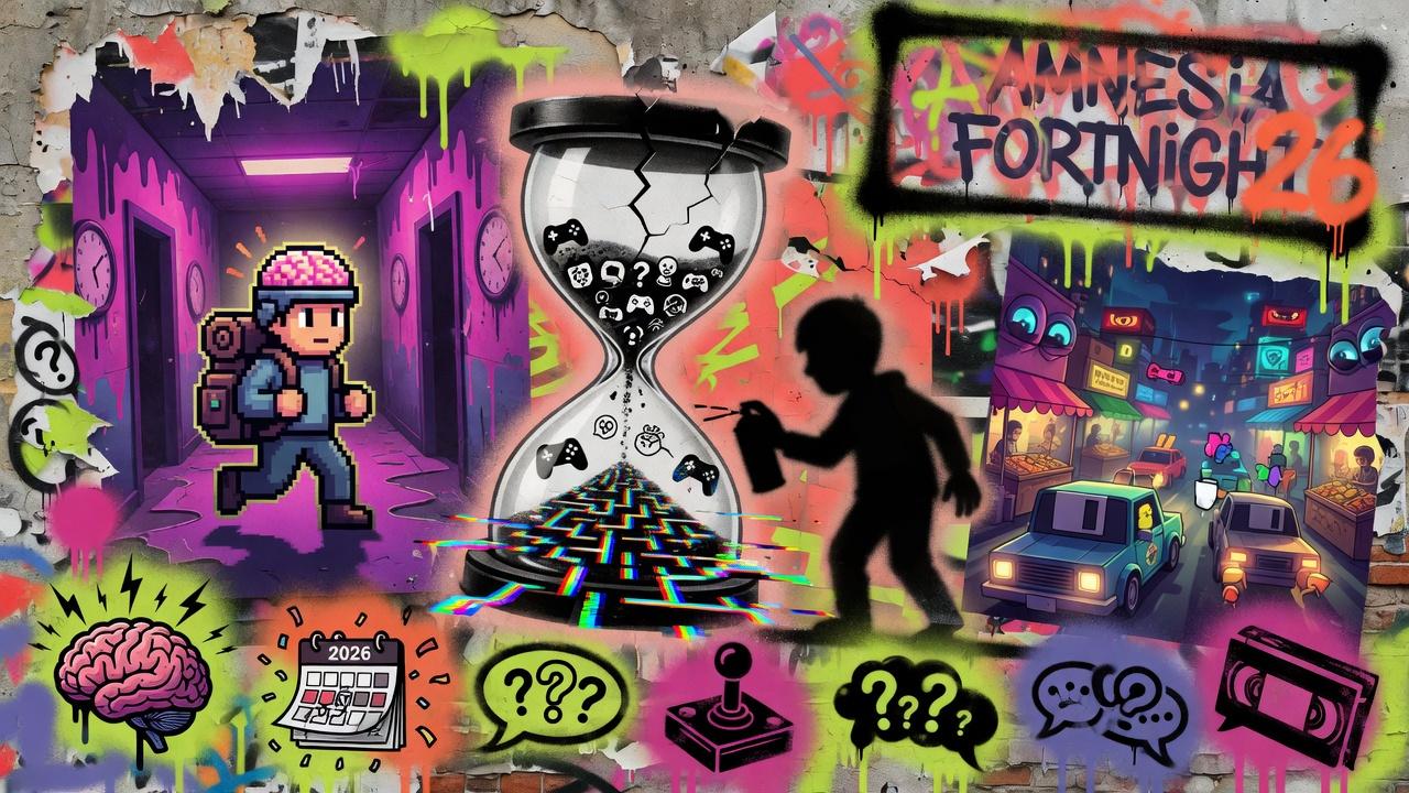 Bunte Studio-Collage im Street-Art-Stil mit Skizzenwand, Indie-Entwicklung, Kamerateam und abstrakten Spielfiguren ohne Logos oder bekannte Charaktere