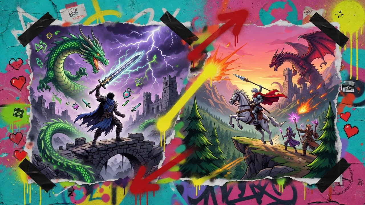 Bunte Street-Art-Gaming-Collage mit generischer Fantasy-Party, Retro-RPG-Karte und leuchtenden Drachenformen ohne Logos oder Text