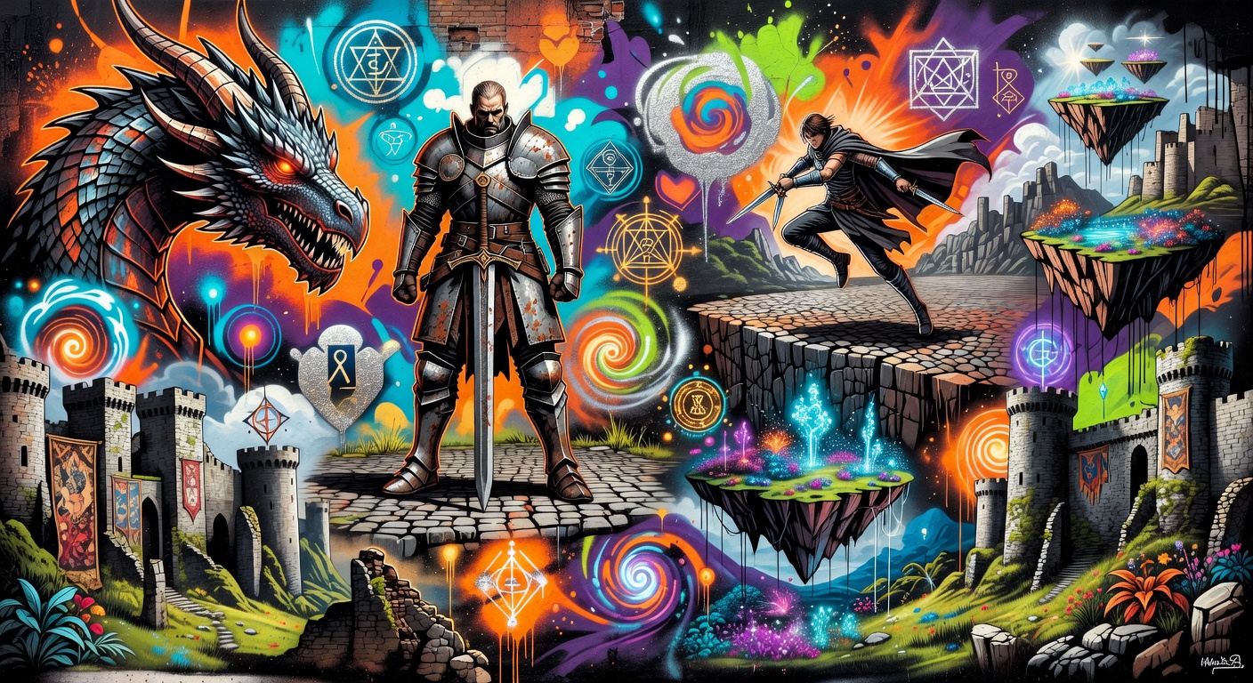 Dunkle Fantasy-Landschaft mit Ritter-Silhouetten und Drachenmotiv im abstrakten Stil