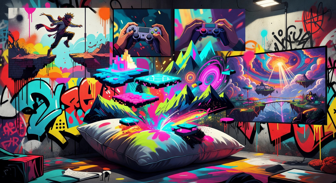 Abstrakte Gaming-Collage mit nächtlicher Fluchtszene, warmen und kühlen Farbakzenten, ohne Logos und ohne bekannte Figuren