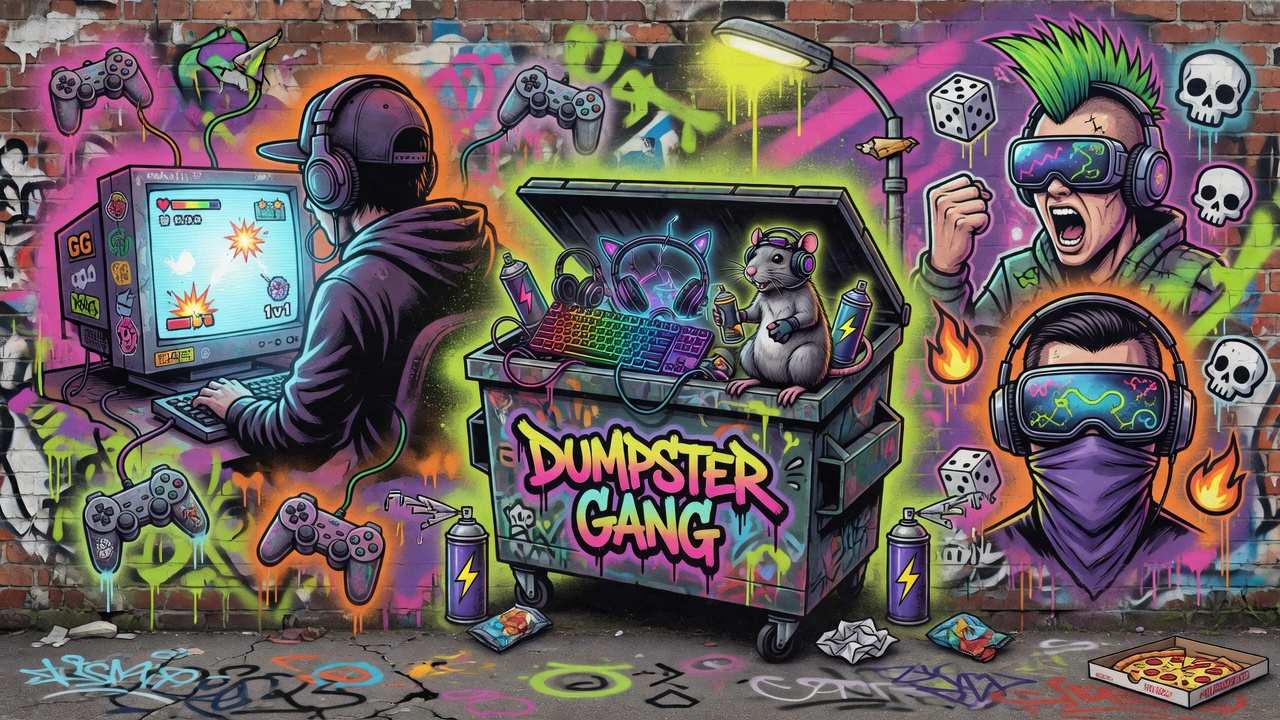 Abstrakte Gaming-Collage mit nächtlicher Vorstadt, Waschbären, Beute und bunt-chaotischer Street-Art-Atmosphäre