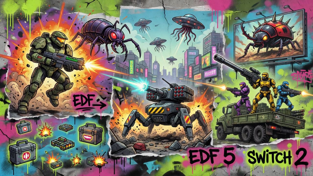 Sci-Fi-Schlacht mit gepanzerten Soldaten, riesigen Insekten und futuristischer Stadt im Querformat ohne Logos oder bekannte Figuren