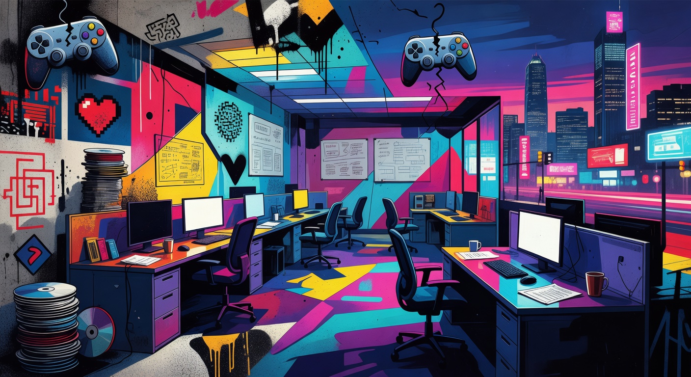 Symbolisches Game-Studio mit leeren Arbeitsplätzen und düsterer Büroatmosphäre
