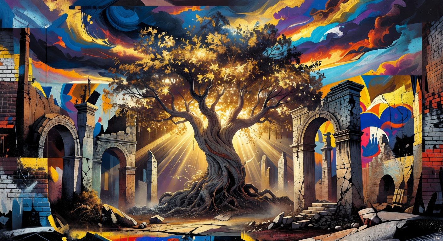 Generische Fantasy-Gaming-Collage mit goldenen Baumformen, Ruinen und dramatischem Himmel ohne Logos oder Figuren