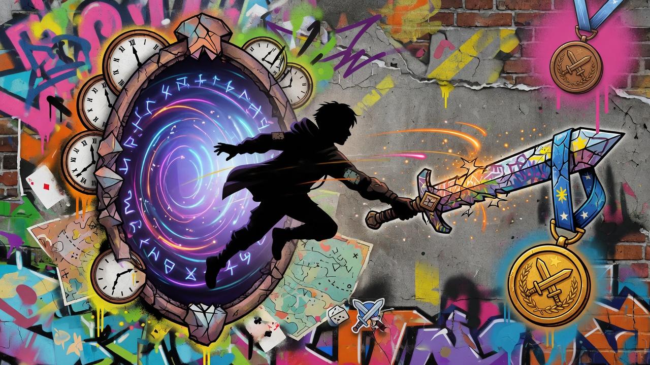 Abstrakte Fantasy-Abenteuer-Collage mit Zeitportal, Schwert und goldener Auszeichnung ohne Logos oder bekannte Figuren
