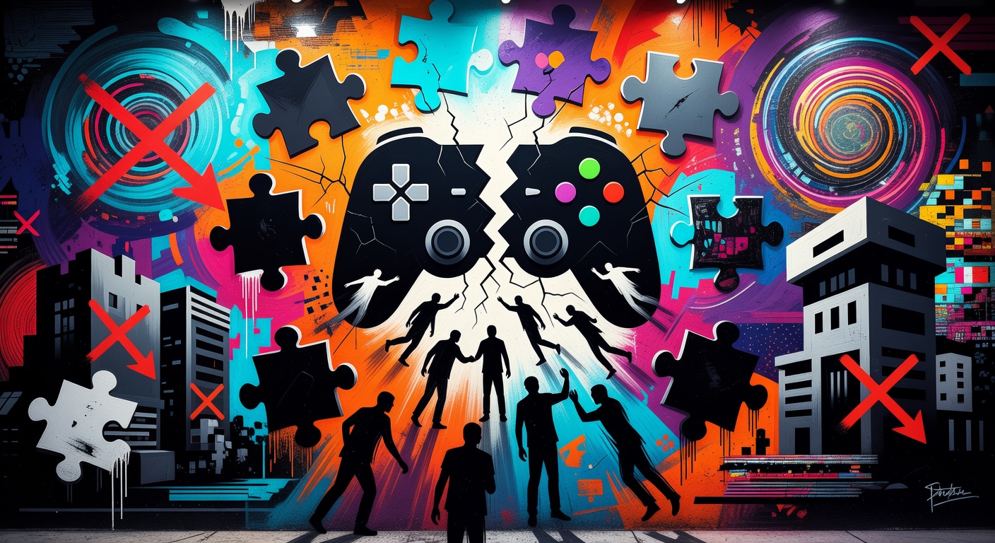 Abstrakte Szene eines Game-Studios mit leeren Arbeitsplätzen und Neonfarben