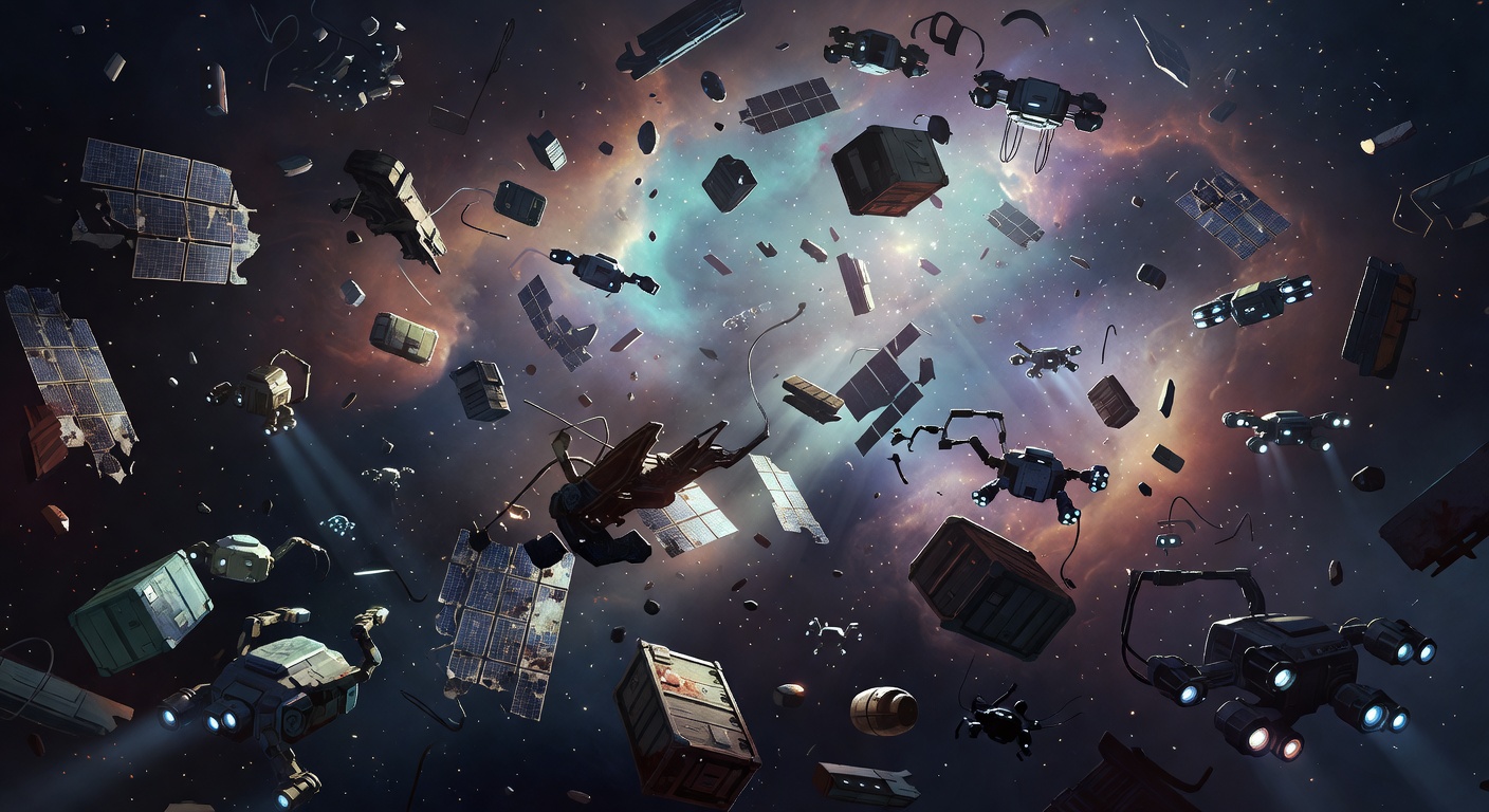 Generische Sci-Fi-Bergungsteams in einem Schiffswrack ohne Logos oder bekannte Figuren