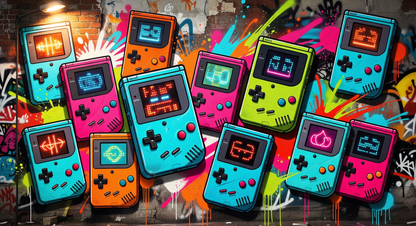 Abstrakte Retro-Handheld-Collage mit farbigen Analogsticks und mobilem Gaming-Gerät