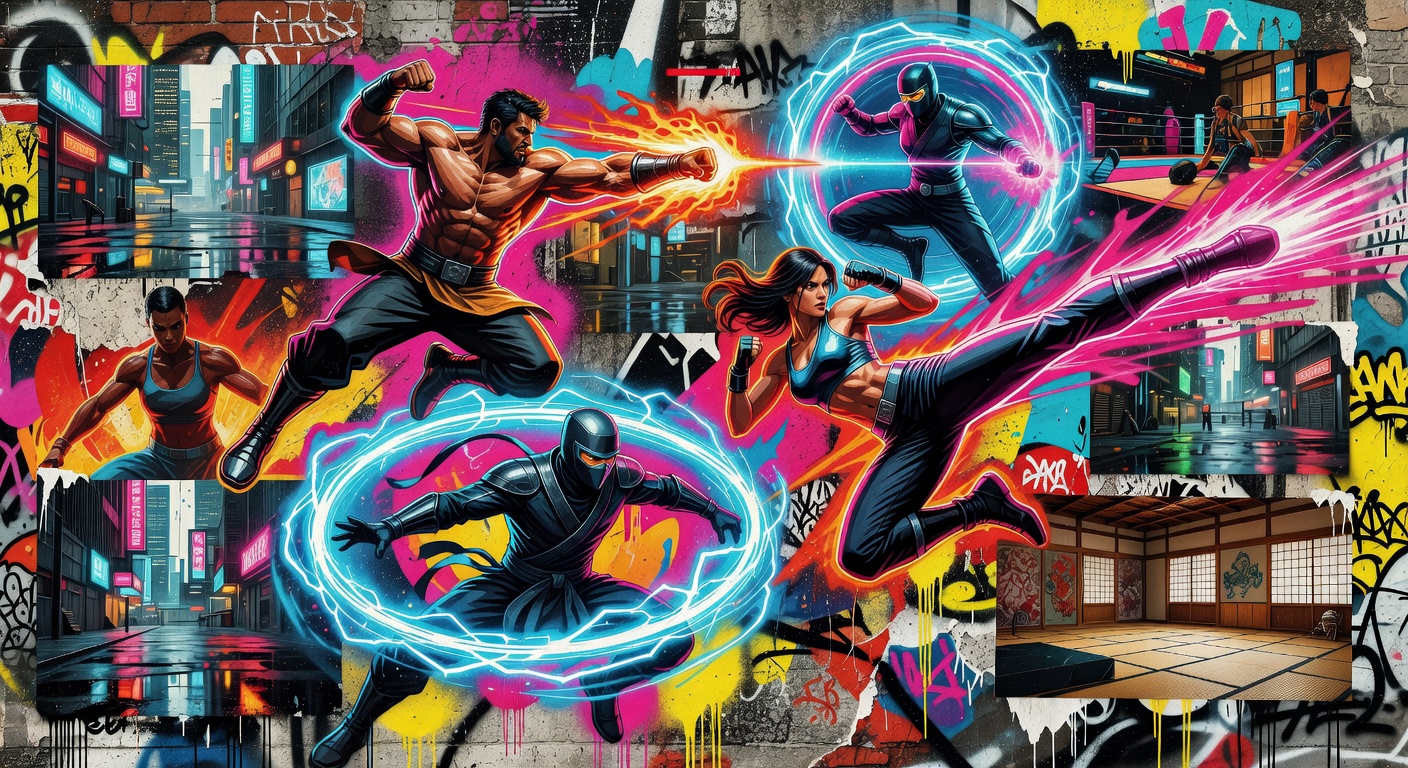 Vibrante Street-Art-Collage zur EVO-Expansion und Fighting-Games-Turnieren