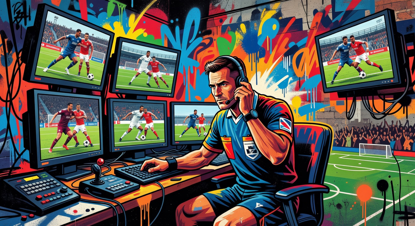 Abstrakte Szene eines virtuellen Schiedsrichters vor mehreren Monitoren in einem Fußball-Analyse-Raum