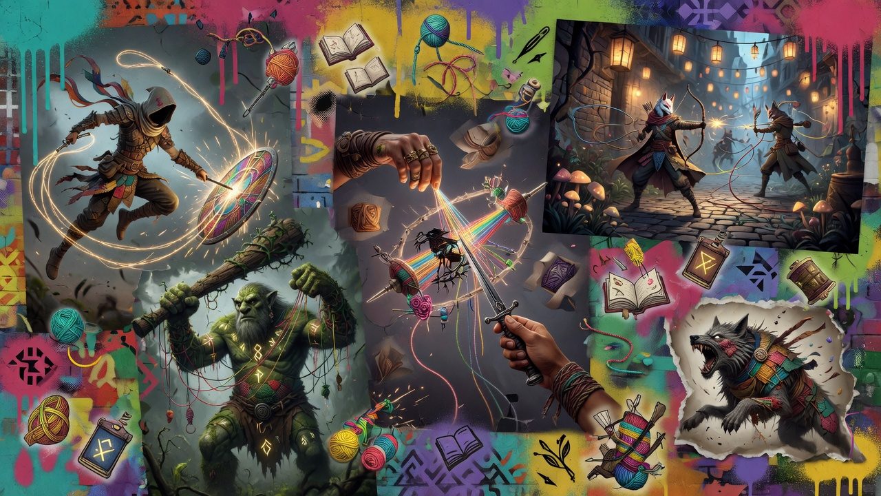 Fantastische Action-Collage mit Heldensilhouette, Magie, Schwertkampf und märchenhafter Stadt ohne Logos oder bekannte Figuren