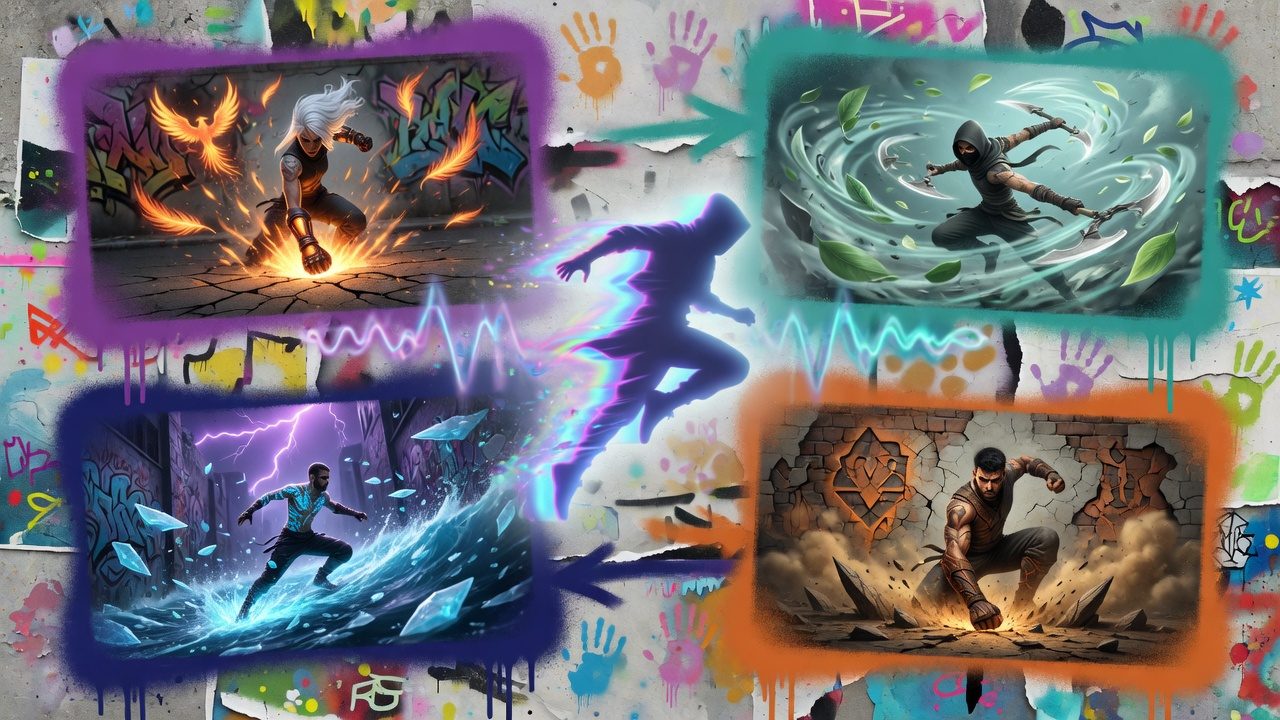 Bunte Street-Art-Collage mit generischer Heldin, Wasserenergie und schwebenden Inseln ohne Logos