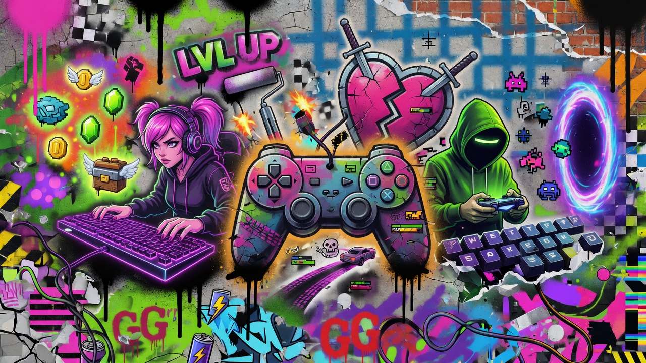 Bunte Halloween-Gaming-Collage mit generischem Hexfeld, freundlichen Monstern, Schlosssilhouette und herbstlicher Nachtstimmung ohne Logos oder Markenfiguren