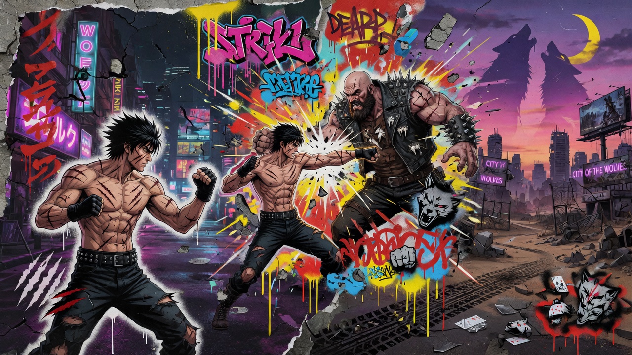 Generische Fighting-Game-Collage mit postapokalyptischer Arena und Martial-Arts-Silhouetten ohne Logos