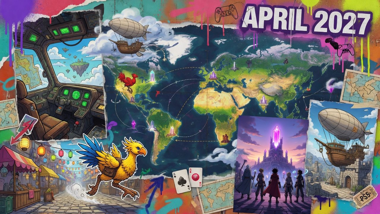 Dynamische JRPG-Collage mit fliegendem Luftschiff, weiten Landschaften und heldenhafter Gruppe in leuchtenden Blau- und Goldtönen ohne Logos oder bekannte Figuren