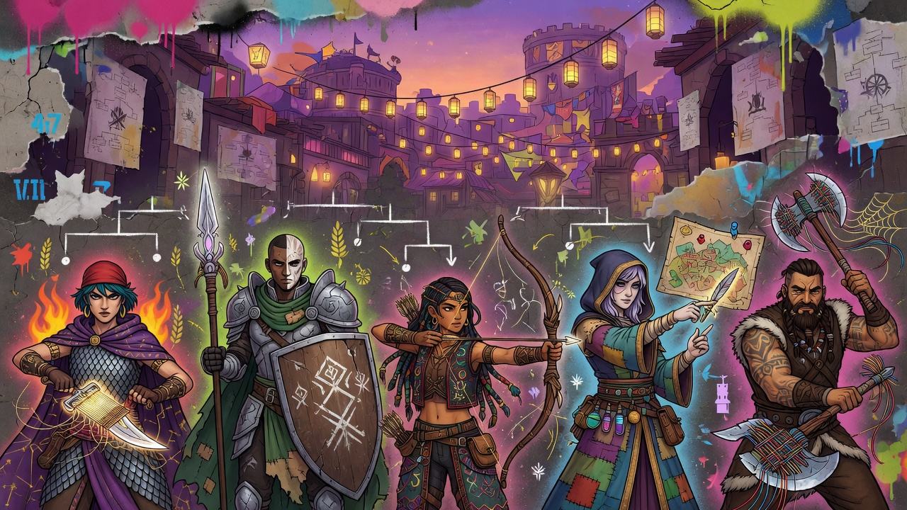 Generische Fantasy-Strategie-Collage mit Arena, Bannern, vier abstrahierten Heldensilhouetten und leuchtender Stadt ohne Logos oder bekannte Figuren