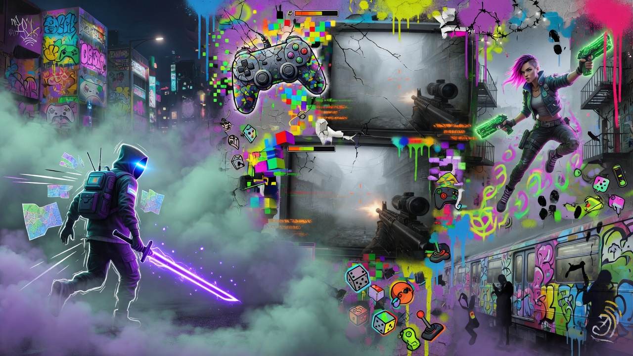 Postapokalyptische Zug-Collage mit dichtem Nebel, gepanzerten Waggons und taktischem Gefecht ohne Logos