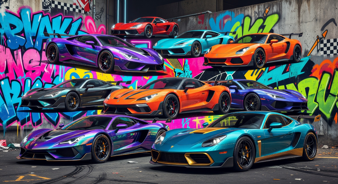 Generische Rennspiel-Collage mit mehreren Sportwagen auf Festival-Gelände ohne Logos