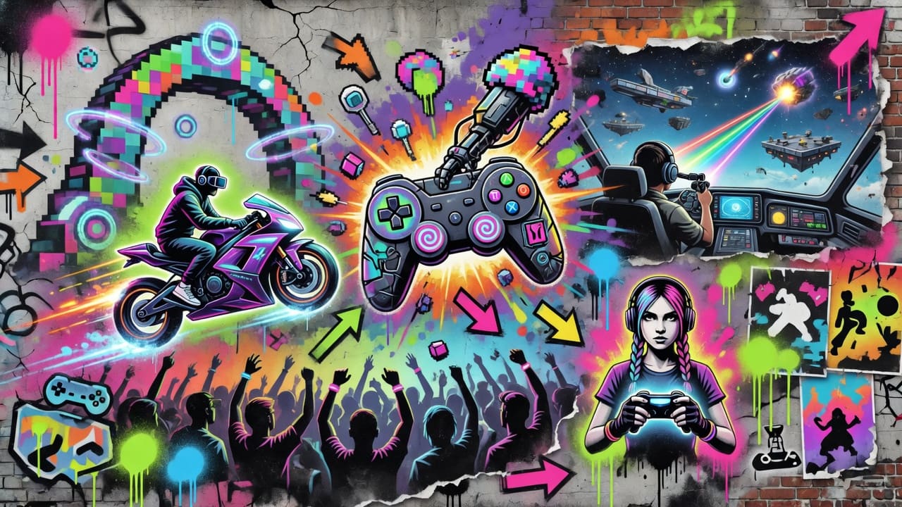 Generische Gaming-Collage mit Messebühne, Scheinwerfern, Monitoren und jubelndem Publikum ohne Logos oder bekannte Figuren