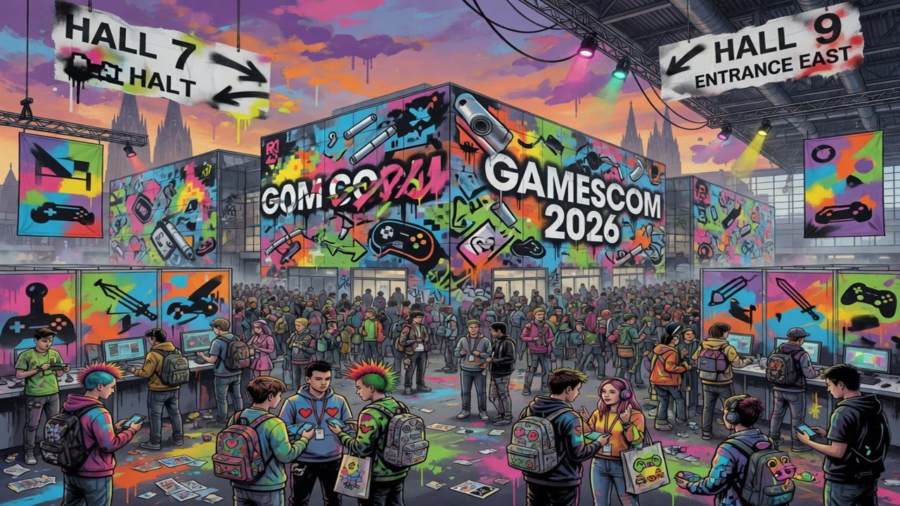 Generische Gaming-Collage mit Messehallen, Neon-Lichtern, Bühnenbild und Besuchermenge ohne Logos oder bekannte Figuren