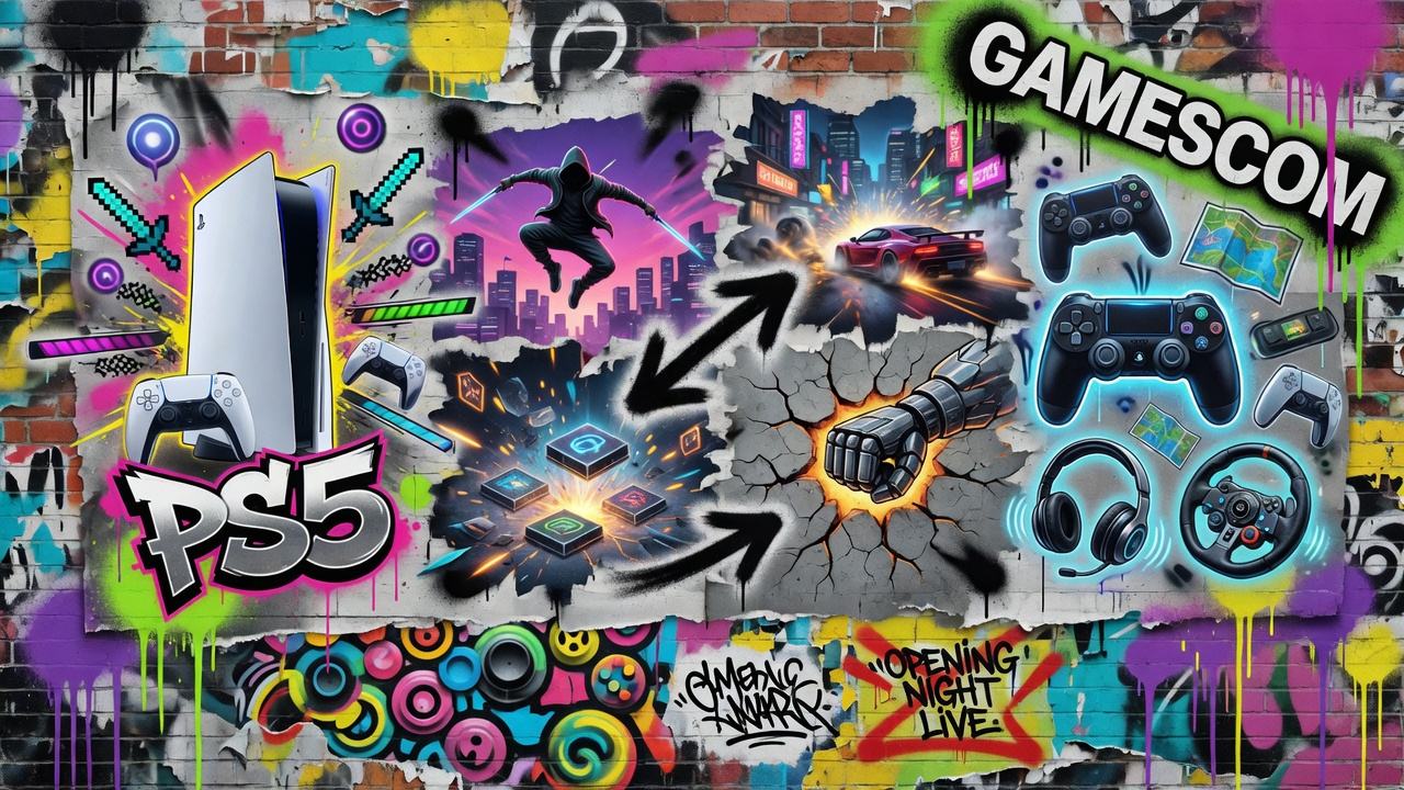 Dynamische Gaming-Collage mit futuristischer Messebühne, Leuchtreklamen, Fantasy- und Sci-Fi-Motiven ohne Logos oder Markenfiguren