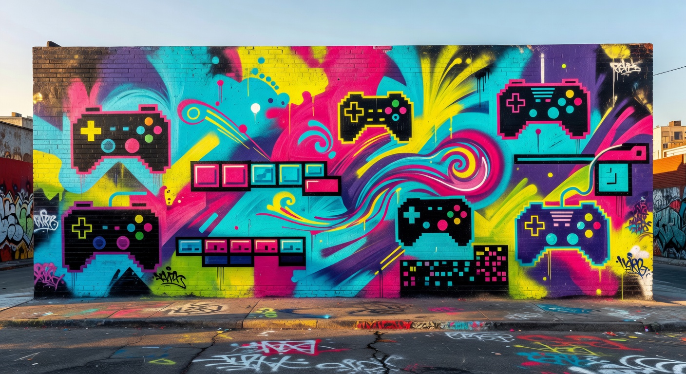 Generische Retro-Gaming-Collage mit Aktenordnern, Arcade-Silhouetten und Neonfarben ohne Logos