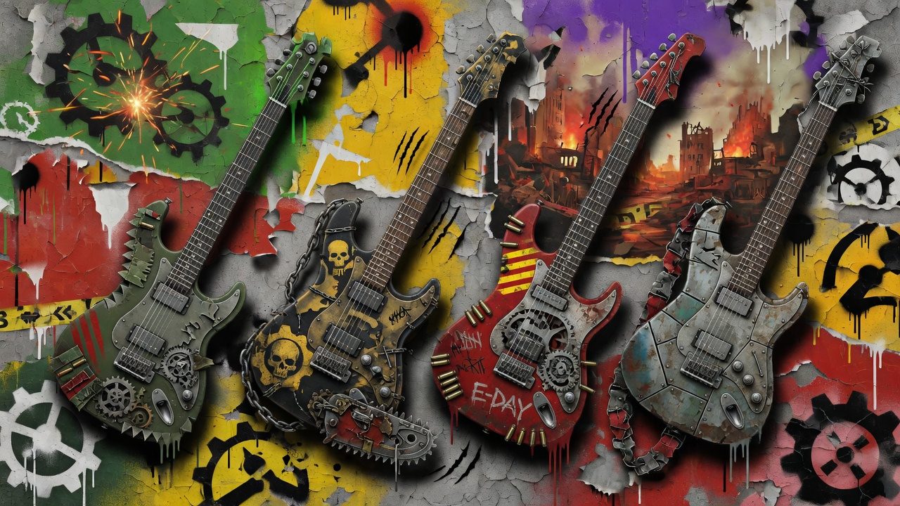 Düstere Gaming-Collage mit zwei stilisierten E-Gitarren, rotem Leuchten und zerstörter Sci-Fi-Kulisse ohne Logos oder bekannte Figuren