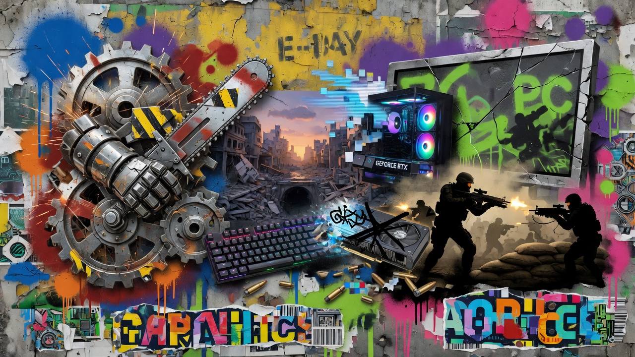 Düstere Sci-Fi-Schlacht mit gepanzerten Soldaten, roten Himmelsspalten und futuristischer Stadt ohne Logos oder bekannte Figuren