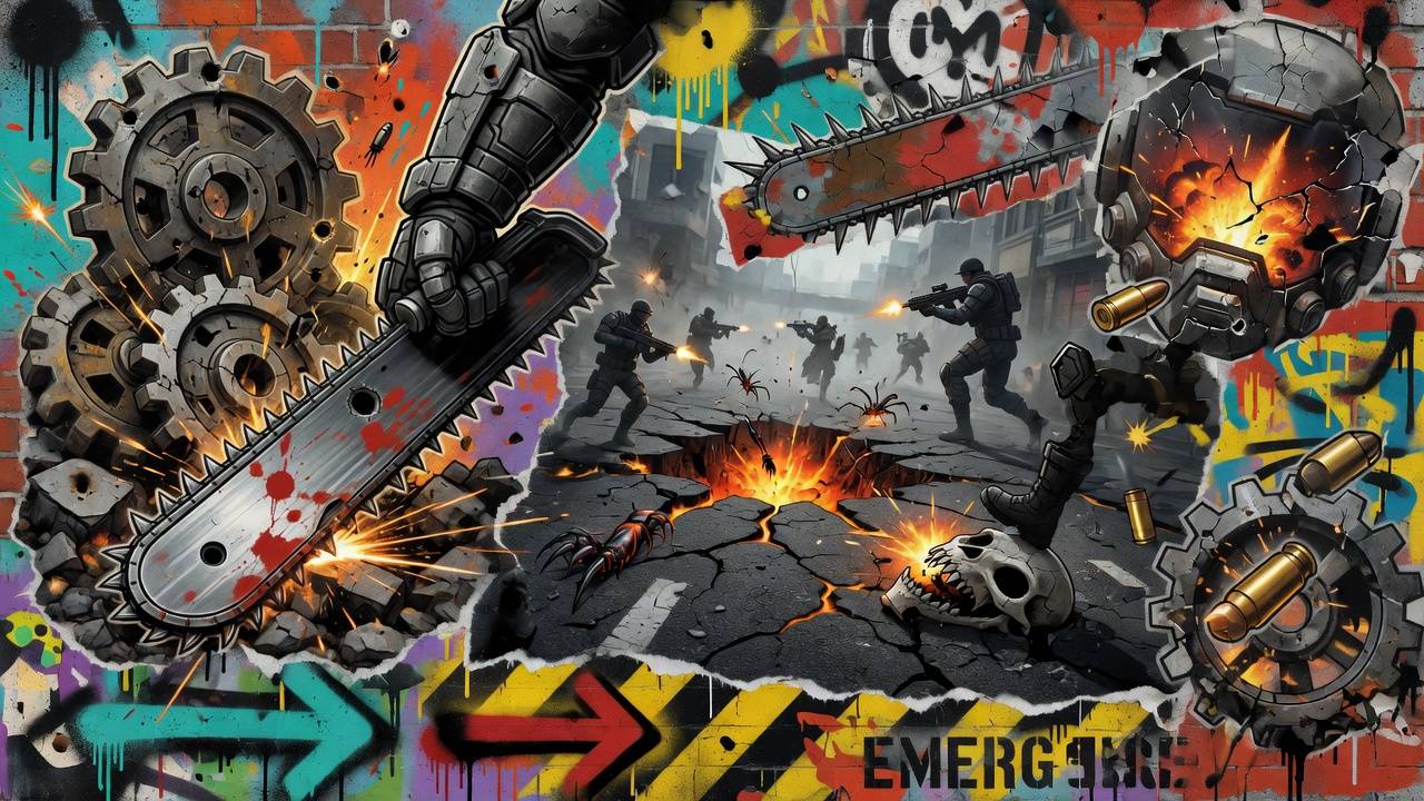 Düstere Sci-Fi-Collage mit rotem Gamepad, aufgebrochener Straße und glühenden Rissen ohne Logos oder bekannte Figuren