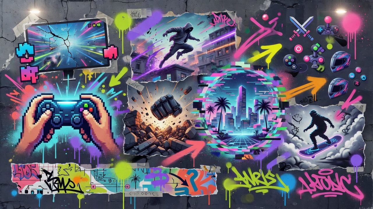Generische Cloud-Gaming-Collage mit leuchtenden Bildschirmen und futurischer Stadtkulisse