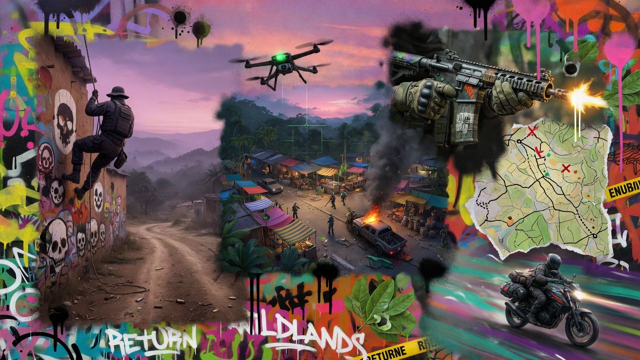 Taktische Shooter-Collage mit Gebirgslandschaft, Helikopter und generischen Einsatzkräften ohne Logos oder Markenfiguren