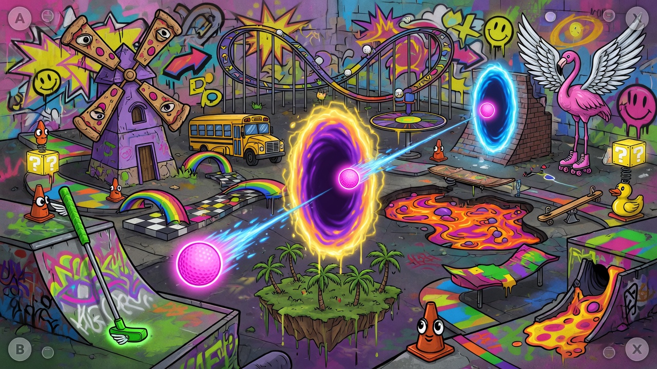 Bunte Minigolf-Collage mit schwebenden Bällen, Portalen, Rampen und comicartiger Xbox-Partyspiel-Stimmung ohne Logos