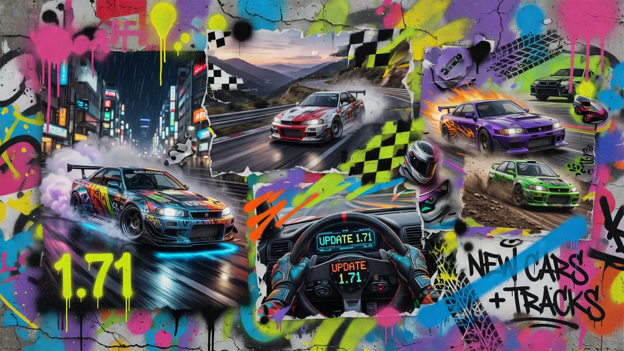 Generische Rennsport-Collage mit vier unterschiedlichen Sportwagen auf einer modernen Strecke ohne Logos