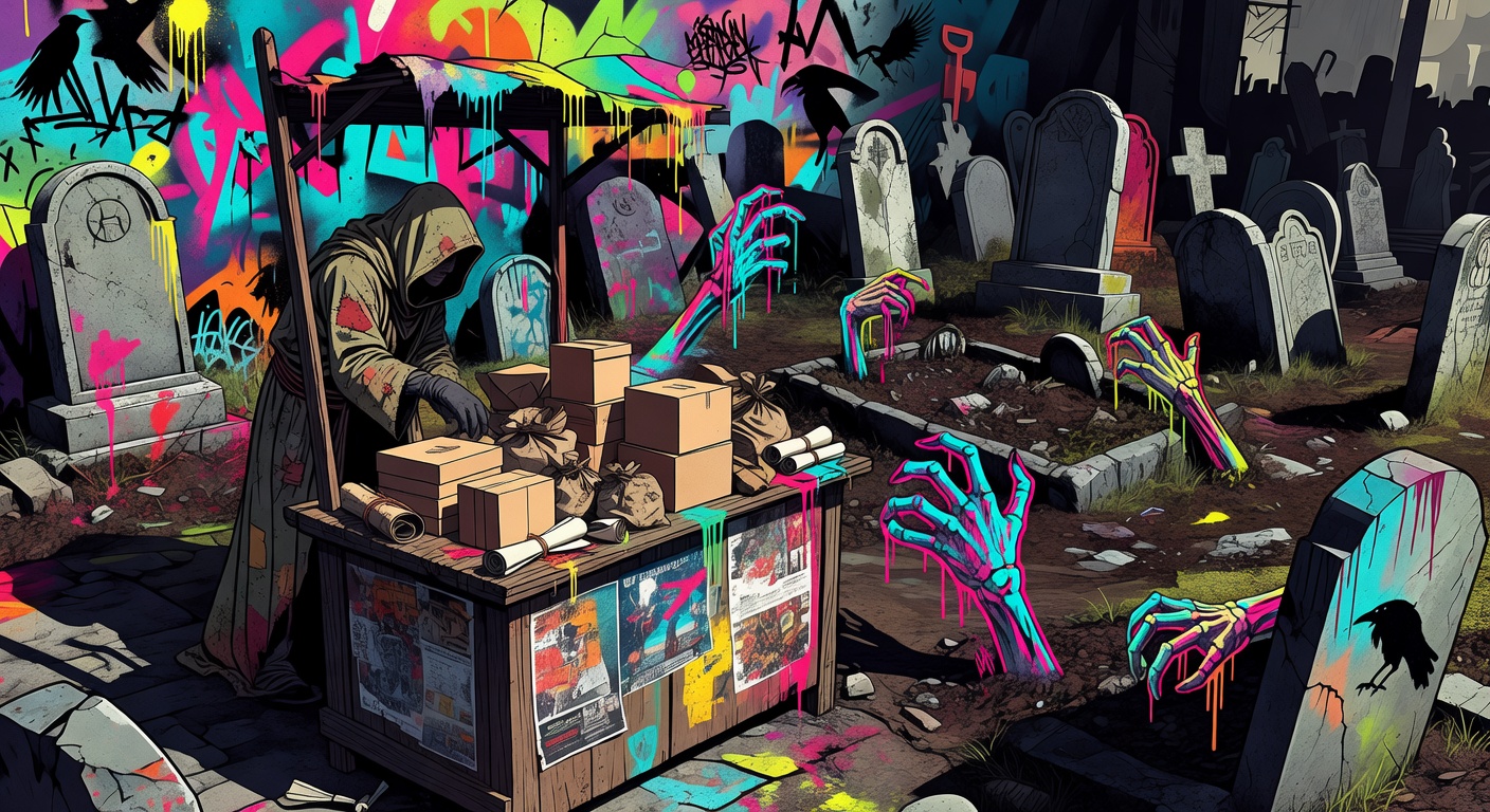 Generische düstere Friedhofsmanagement-Collage im Street-Art-Look ohne Logos oder bekannte Figuren