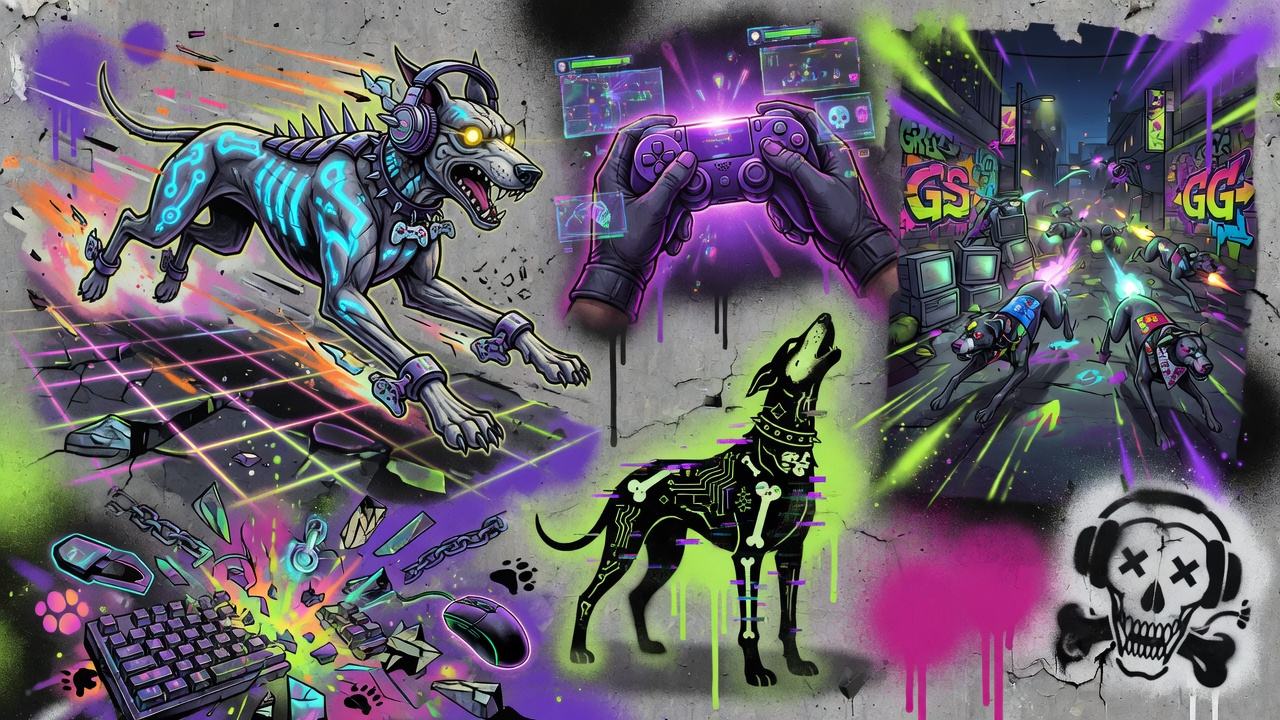 Sci-Fi-Gaming-Collage mit vier stilisierten Weltraumhunden, improvisierter Basis und leuchtenden Gravitationseffekten ohne Logos