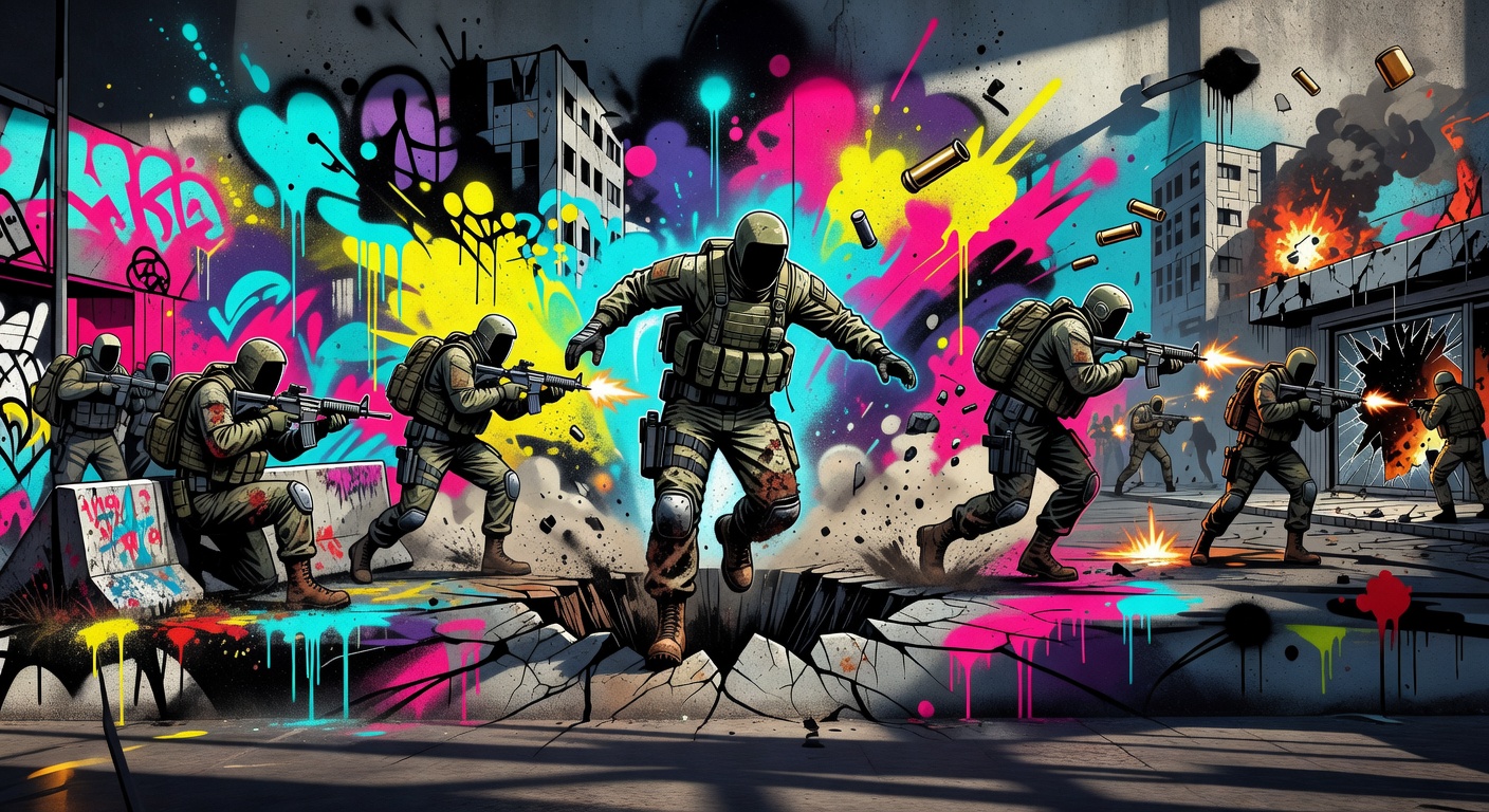 Generische Szene eines taktischen Extraction-Shooters mit Soldaten, Industriegebäude und Neonakzenten