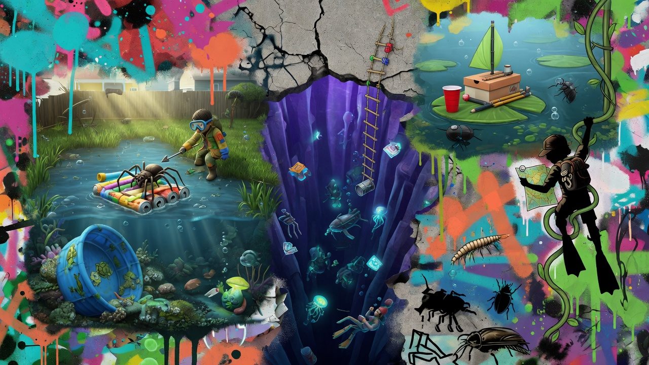 Bunte Survival-Collage mit Teich, Tauchszene und stilisiertem Insektenabenteuer ohne Logos oder Markenfiguren