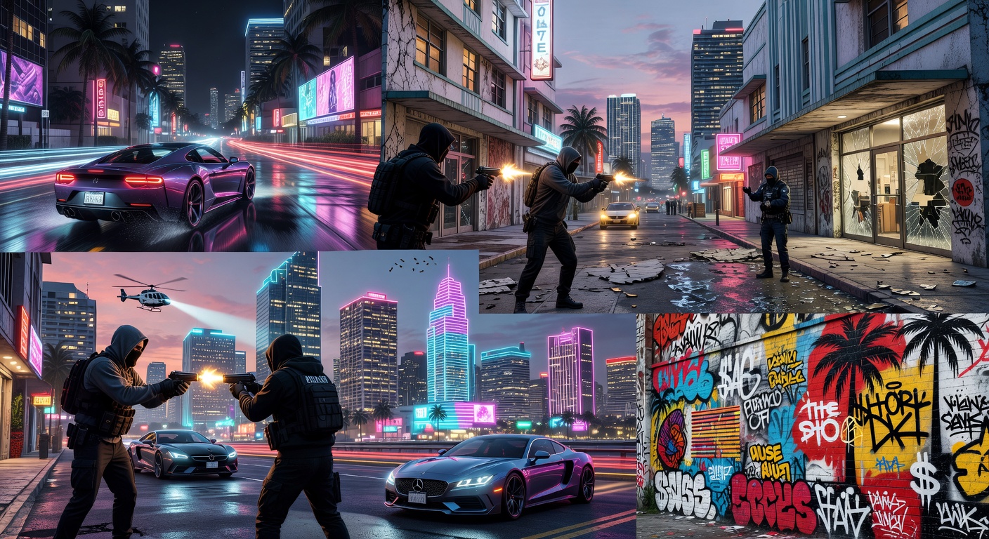 Neonbeleuchtete Open-World-Szene im Stil von GTA 6