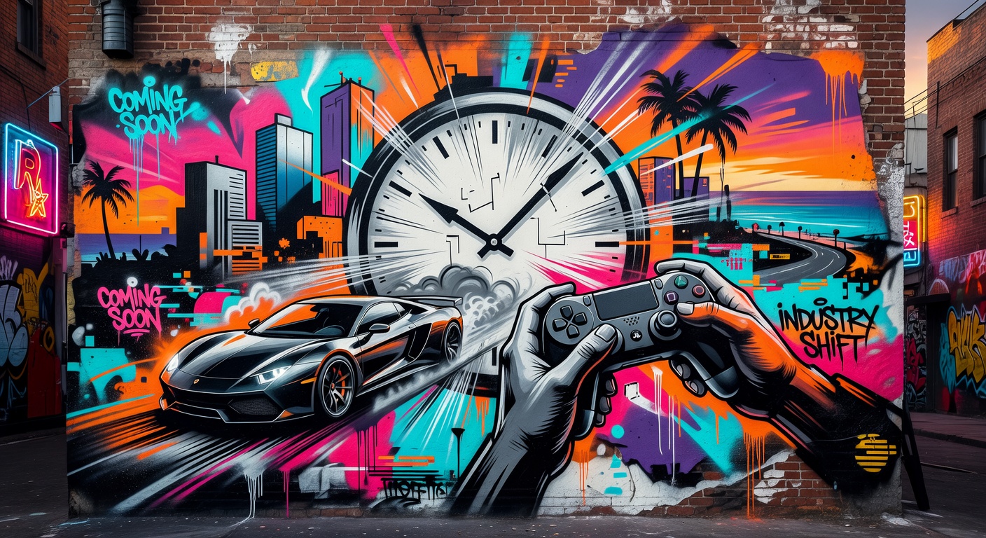 Abstrakte Neon-Großstadt mit Sportwagen-Silhouette als Symbol für den GTA-6-Release