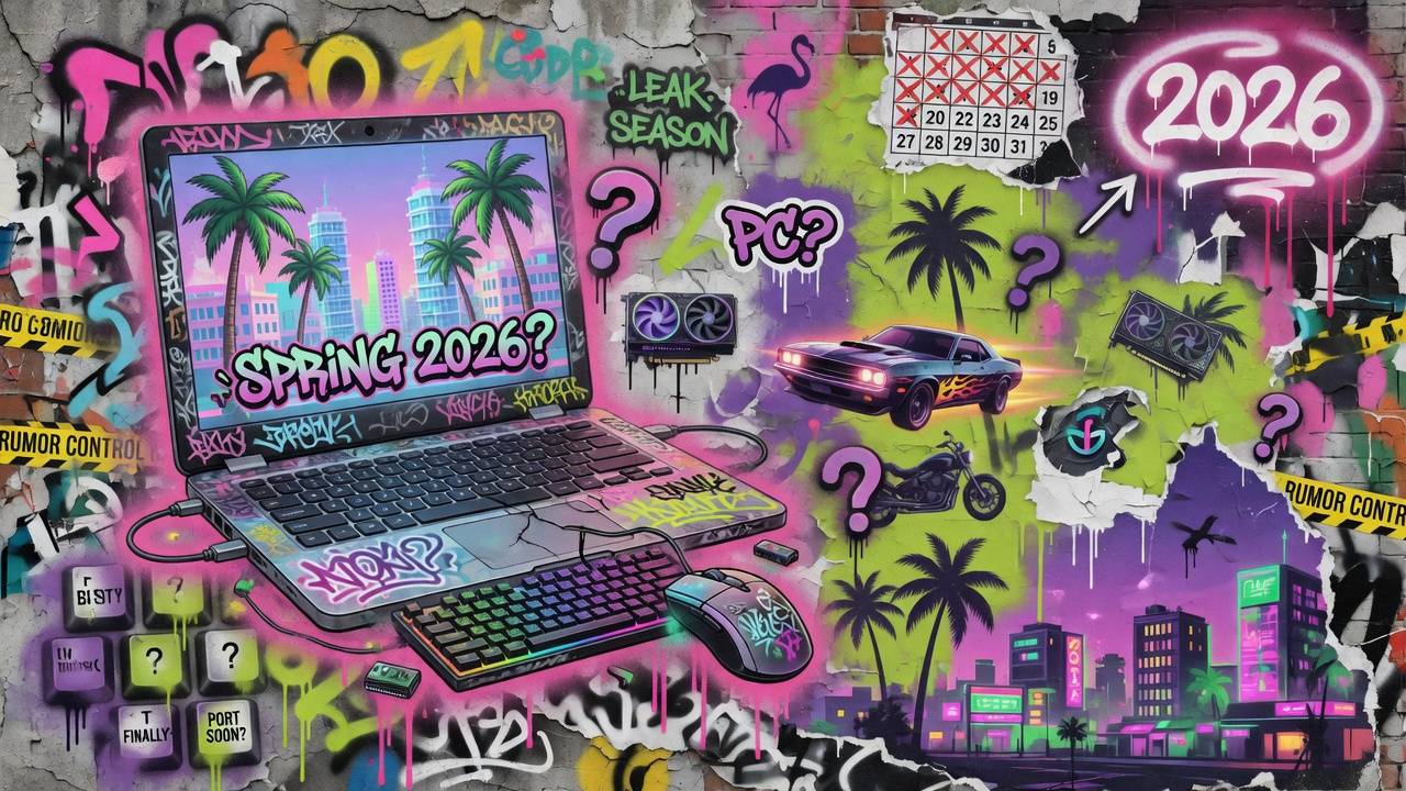 Bunte Street-Art-Collage mit generischem Gaming-PC, Konsole, Stadtlichtern und Controllern ohne Logos oder bekannte Figuren
