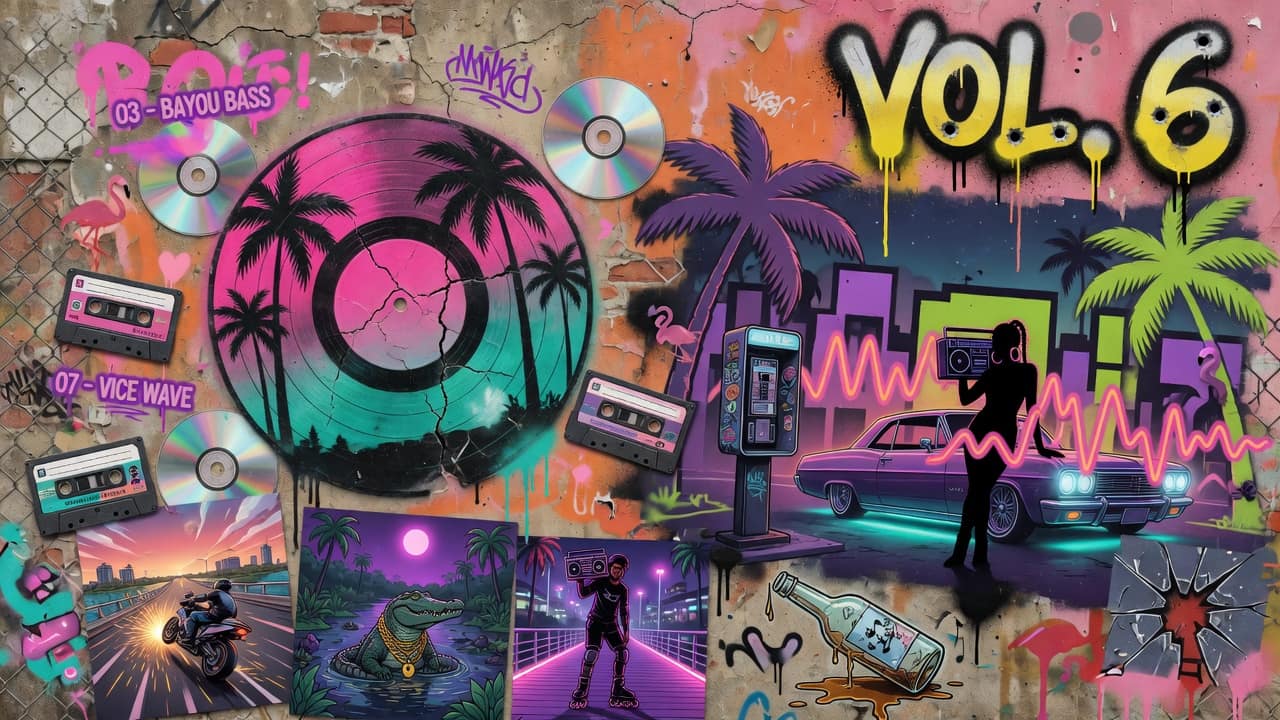 Bunte Street-Art-Collage mit generischer Neonstadt, Sportwagen-Silhouette, Kopfhörern, Schallplatten und Gaming-Controller ohne Logos oder bekannte Figuren