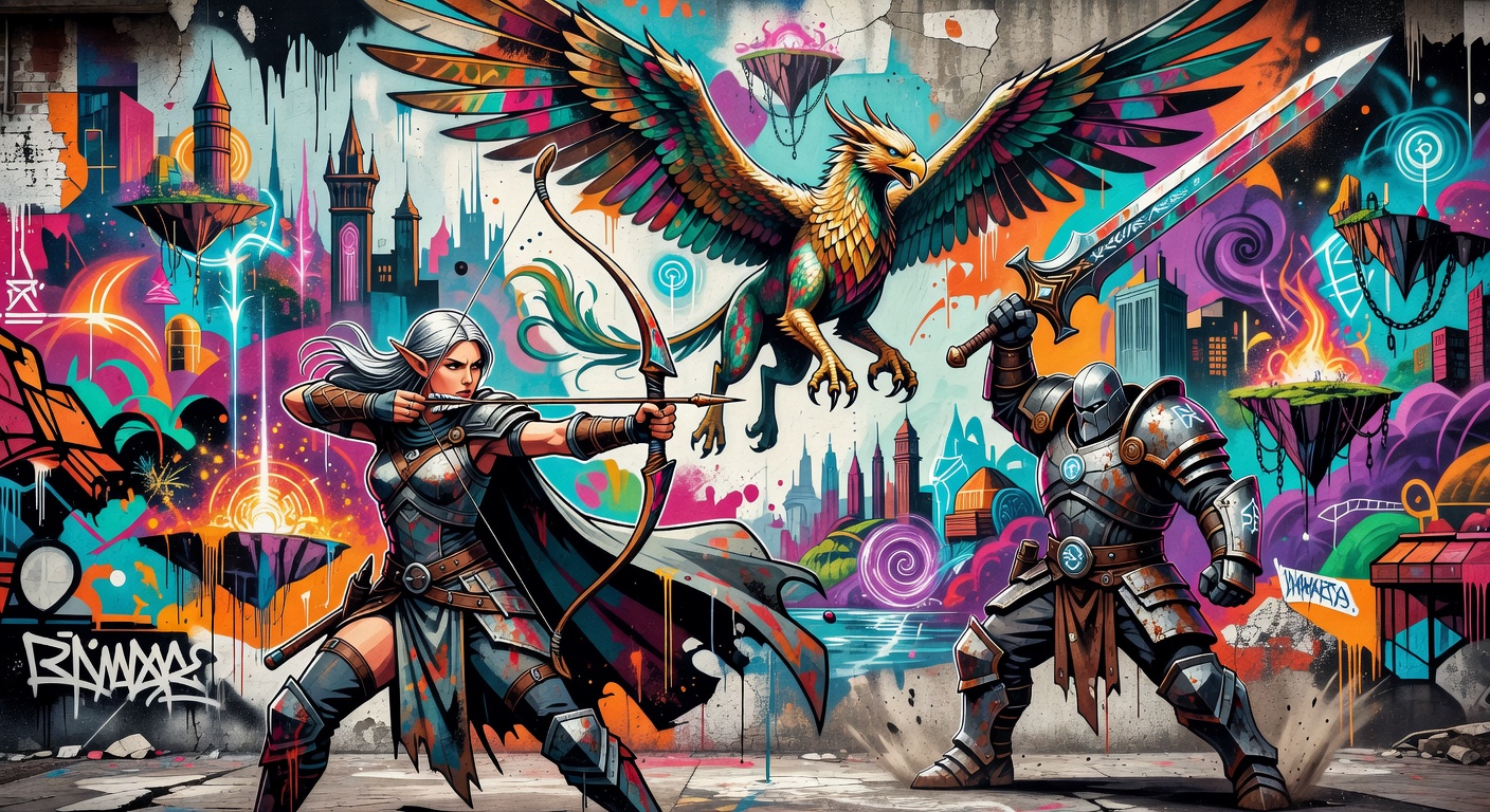 Generische Fantasy-Landschaft mit gewaltigen Ruinen und einem einzelnen Abenteurer in bunter Street-Art-Collage ohne Logos oder bekannte Figuren